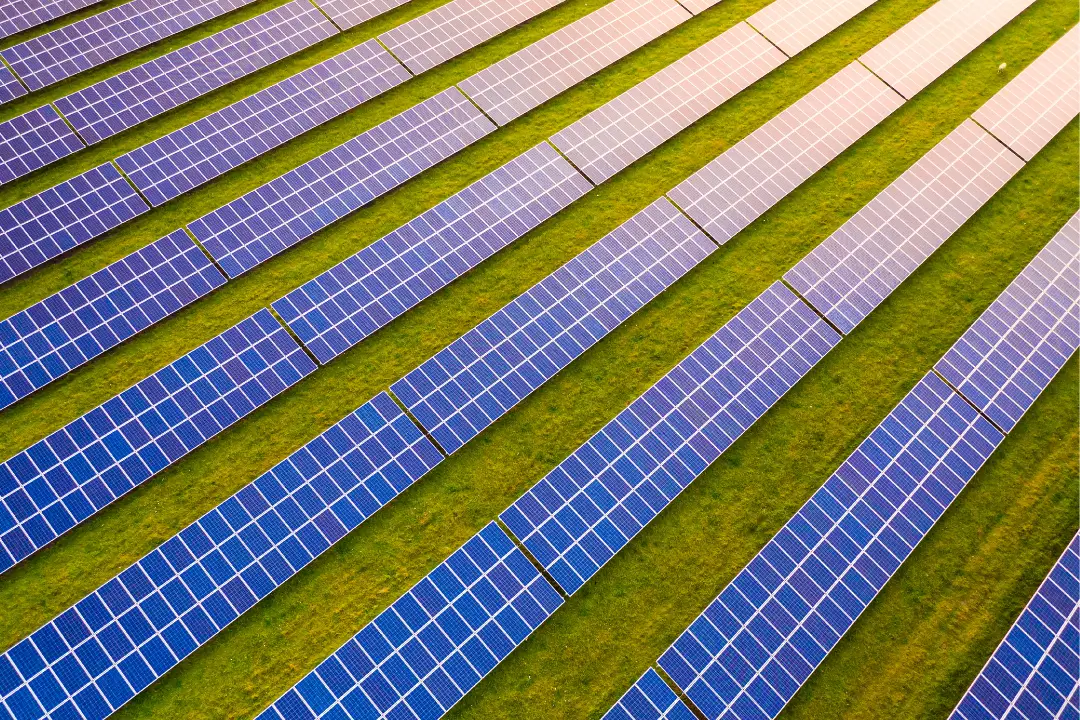 Aerial view of a ground-mounted solar array; sector imagery