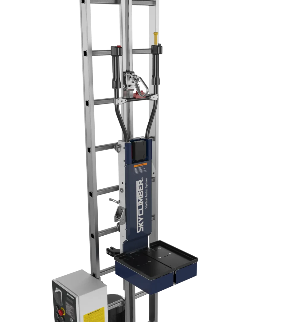 Sky Climber Vertical Assist System mounted on a ladder, with its ride-on platform and control assembly