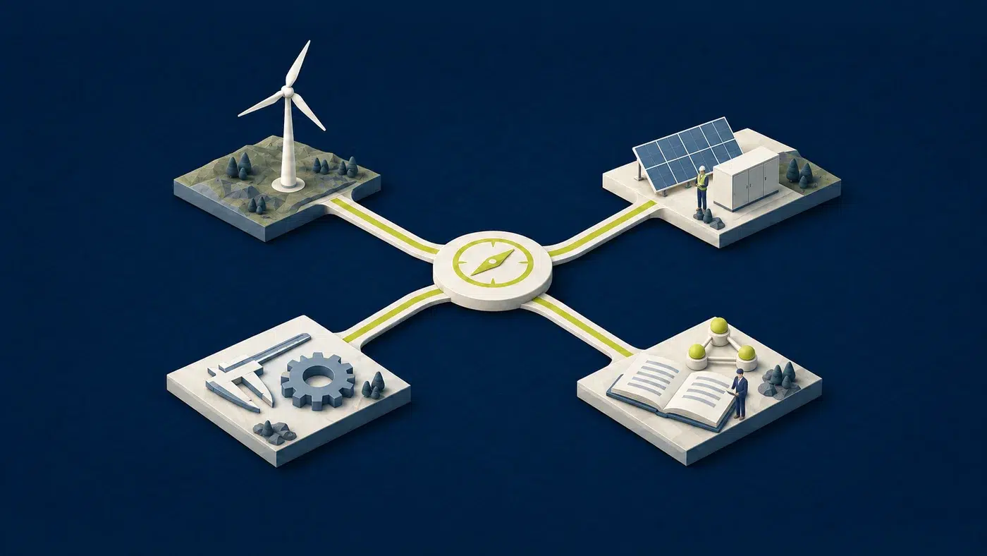 Conceptual clean-energy career pathways with a field technician beside solar and storage, and a technical specialist beside learning resources