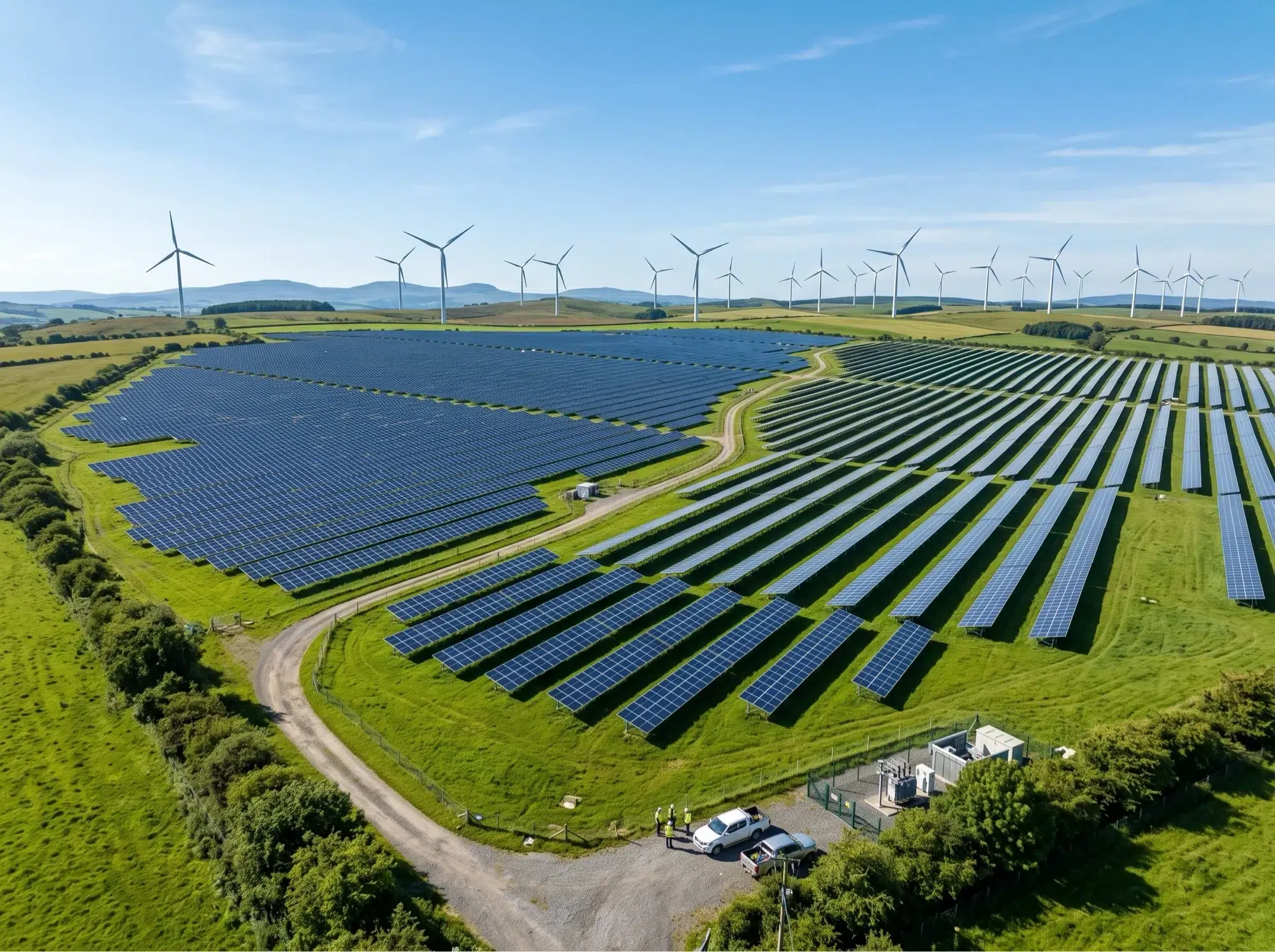 Solar arrays and wind turbines across an energy generation landscape